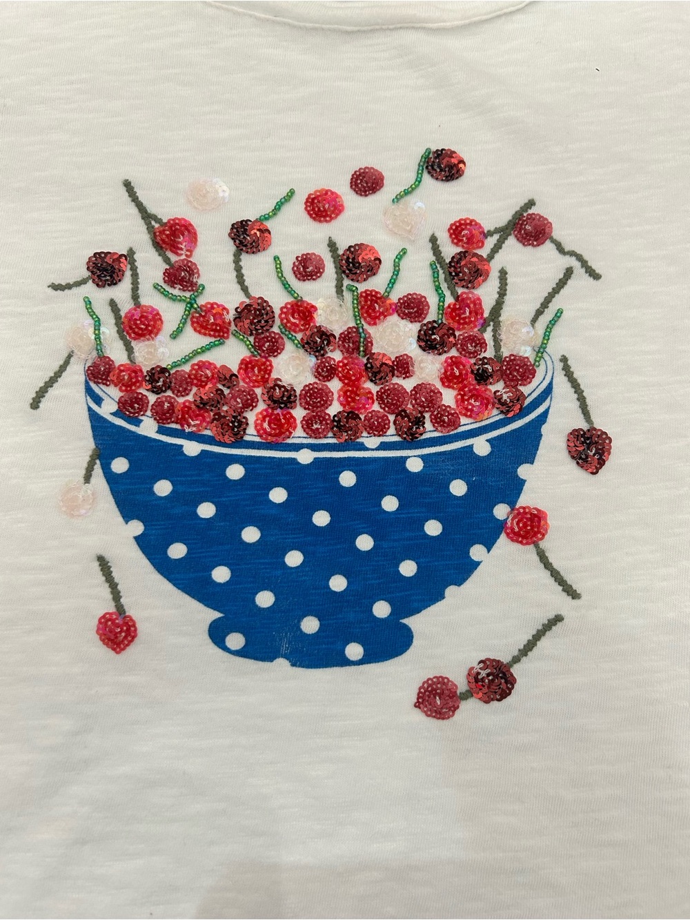 Talbots White Tee with Blue Polka Dot Bowl and Red Sequin Cherries Size 1X